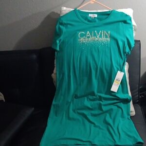 NEW WITH TAG Calvin Klein Teal Short Sleeve Tee Dress with Silver Logo